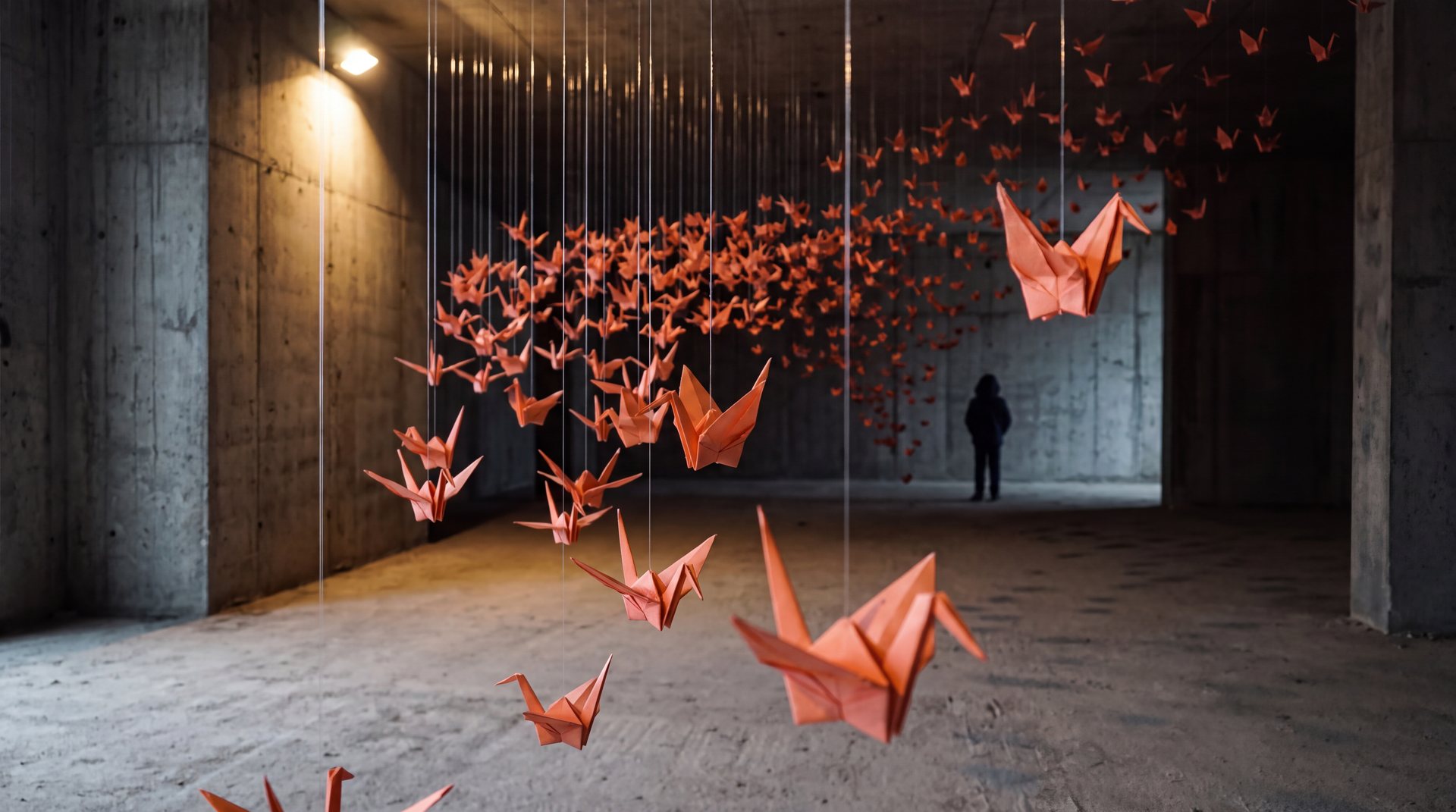 A thousand cranes in a dark gallery